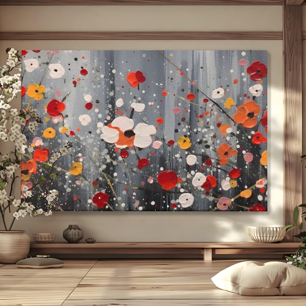 Tablou canvas cu pictura abstracta cu flori si stropi, fara rama, pe sasiu de lemn